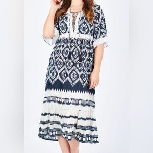 RUBY YAYA BLUE WHITE BATIK BOHO PRINT MAXI DRESS WITH RHINESTONES WOMENS SMALL